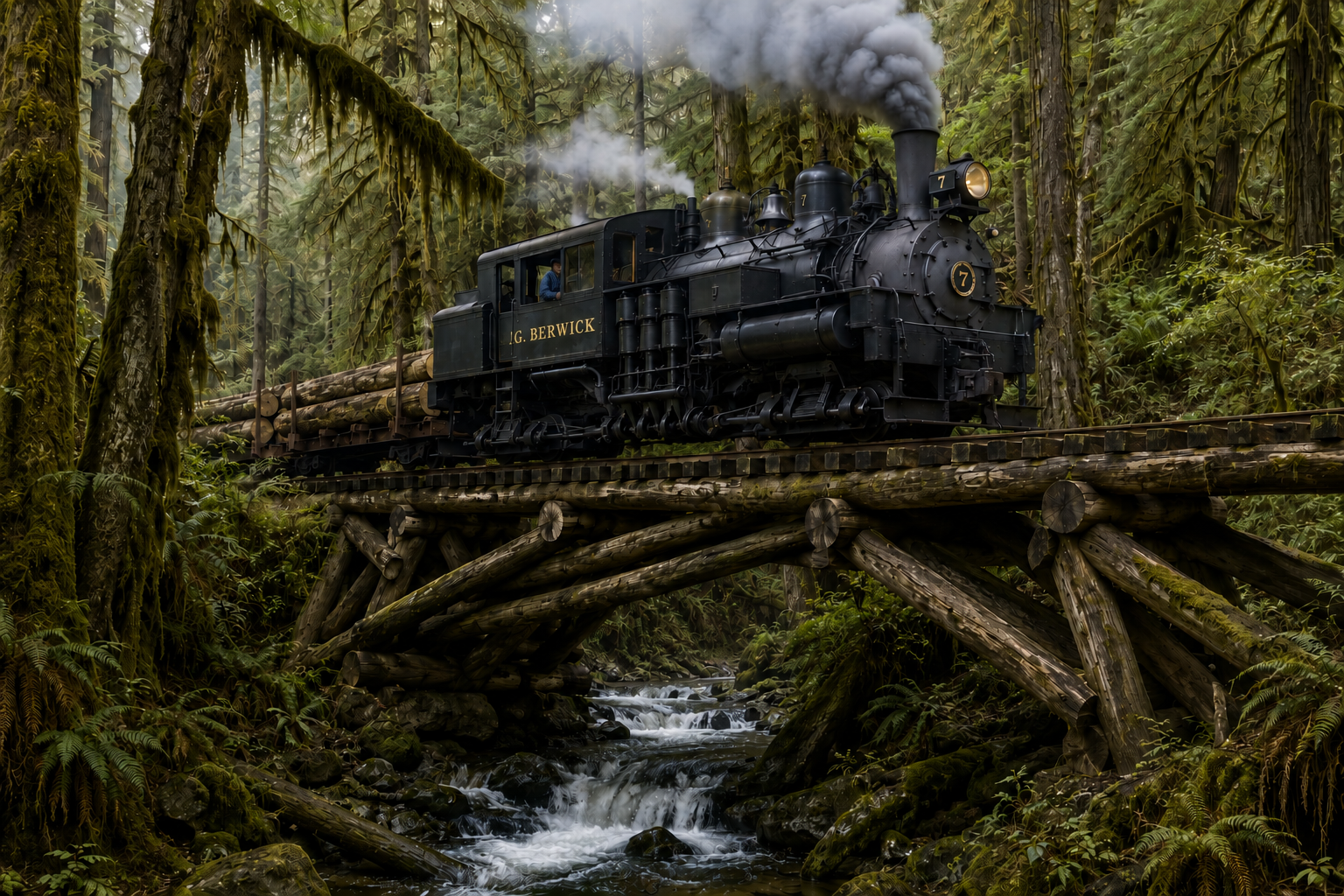 Image generated of a ficticious logging locomotive I chose to name after my great grandfather.